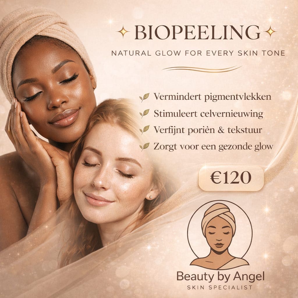 Actieposter: biopeeling, vermindert pigmentvlekken en stimuleert celvernieuwing, 120 euro