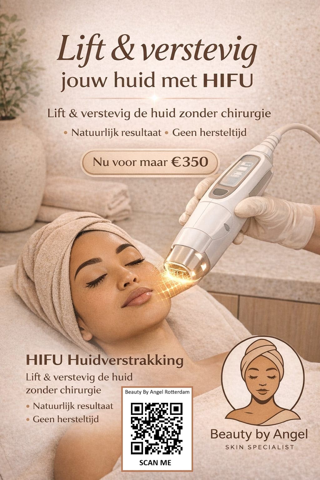 Actieposter: HIFU huidverstrakking, lift en verstevig de huid zonder chirurgie, nu voor 350 euro