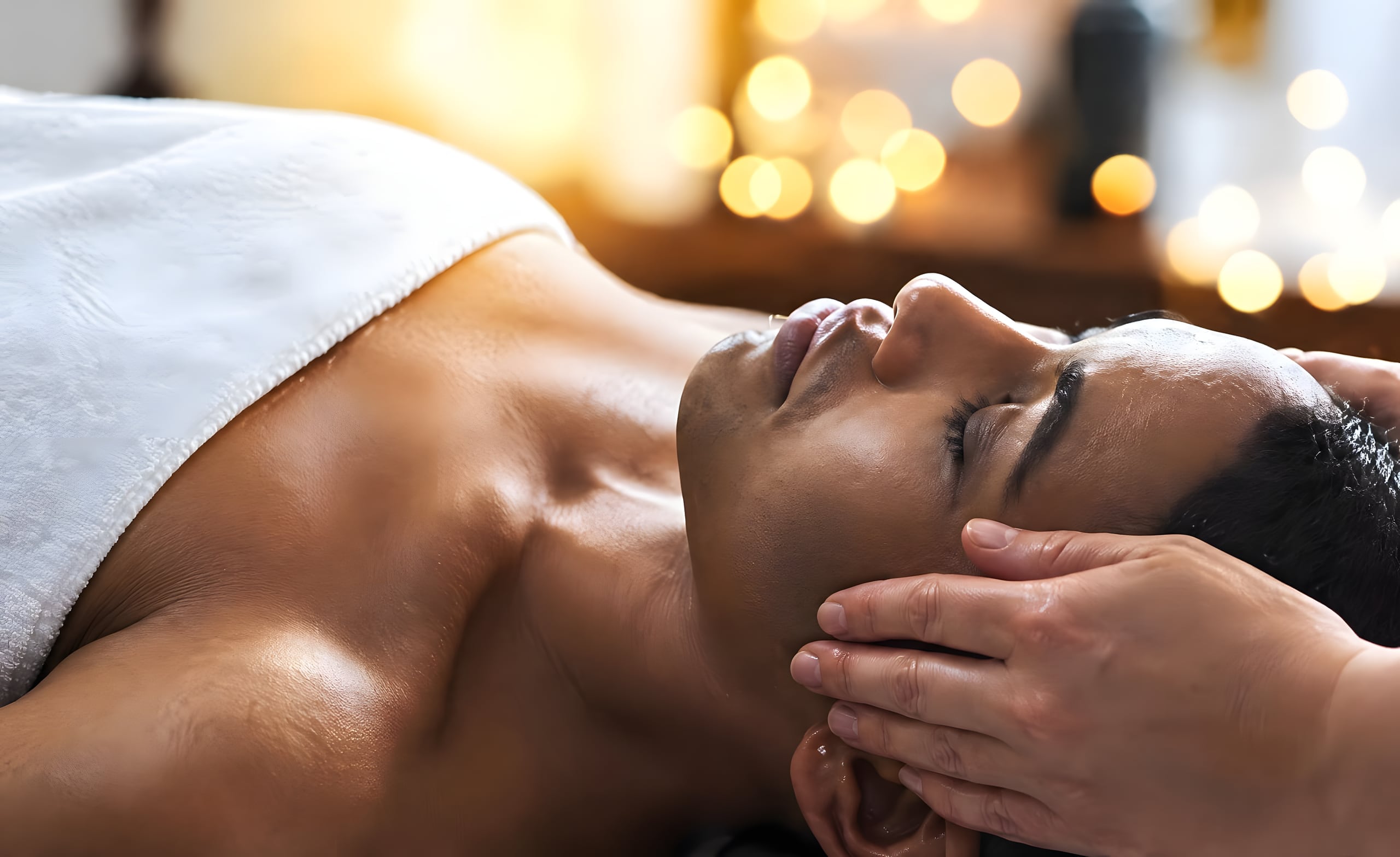 Een hoofdmassage tijdens een behandeling, bij warm kaarslicht